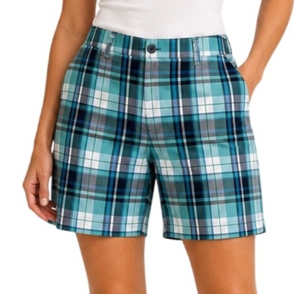 Anne Klein Sport Women Teal Plaid Twelve Stretch Cotton Bermuda Golf Shorts 12